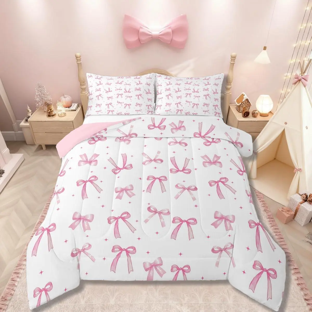 Light Pink Bow Comforter Set,Girly Coquette Bedding Set,Cute Preppy Bow Tie Knot Quilt Kawaii Dreamy Insert Kawaii Fantasy Room Decor Duvet