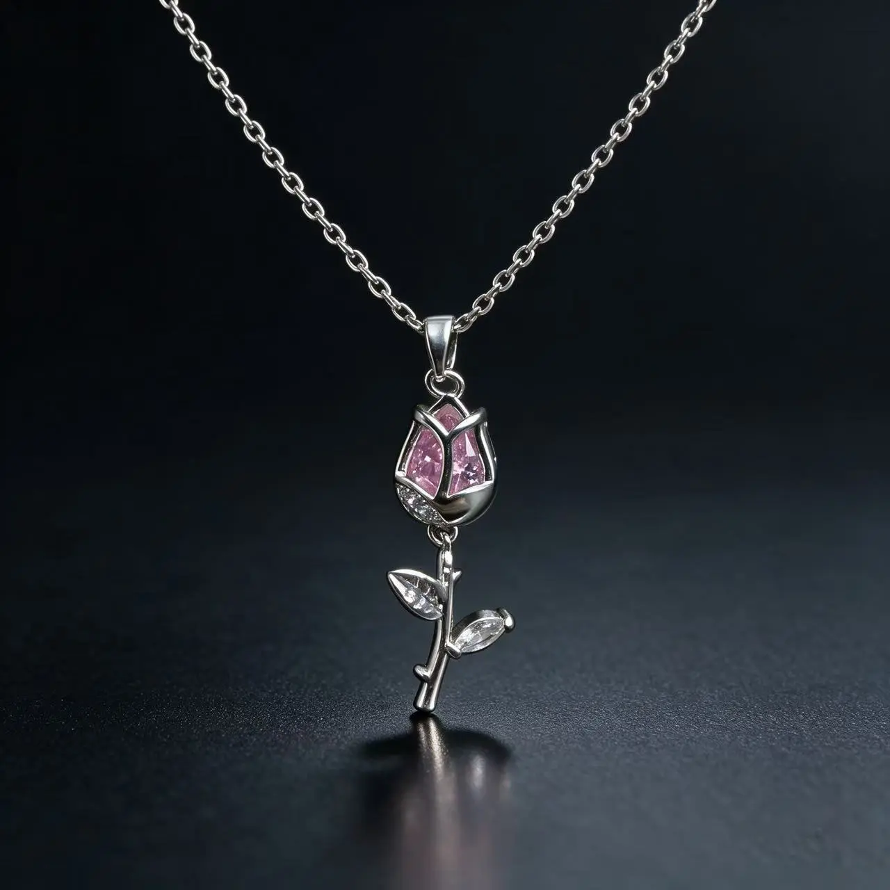 #JY Dainty Silver Pink Crystal Rose Necklace Bracelet Set, Romantic Flower Zircon Jewelry Gift For Her Girlfriend