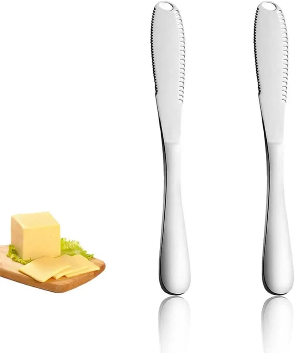 2-Pack Kitchen Stainless Steel Butter Knives - 3-in-1 Spreader, Grater & Slicer with Hole Pattern, Perforated Edge, Soft Contoured Ergonomic Handle, Rust-Resistant, Dishwasher-Safe for Cold Butter, Slicing Cheese, Housewarmings, Special Occasions