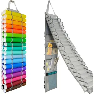 36 Compartments Vinyl Storage Organizer with 7 Mesh Pockets Storage, Wall Mount/Over The Door Vinyl Roll Storage, with 2 Hooks and 2 Hanging Straps (Grey)
