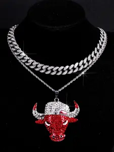 3pcs Street Hip-Hop Sparkling Bull Head Pendant Necklace Set, Cap Design, Blingbling Cuban Chain, Unisex Fashion Jewelry, Cuban Link Chain