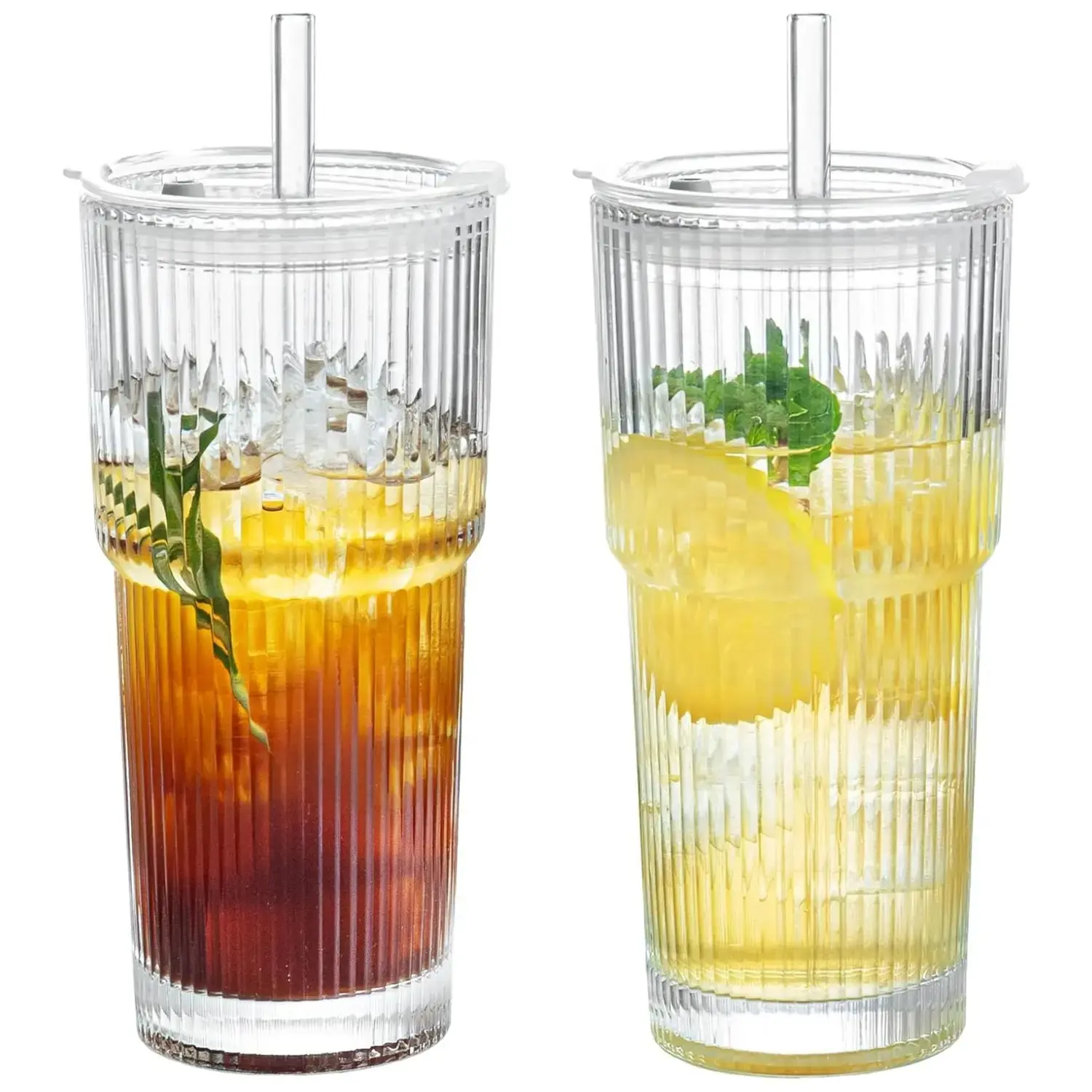 18oz (540ml) Large-Capacity Striped Glass Tumbler with Lid, Reusable Cold-Drink Cup for Juice or Coffee, Drinkware for Home, Office, Celebrations & Gift
