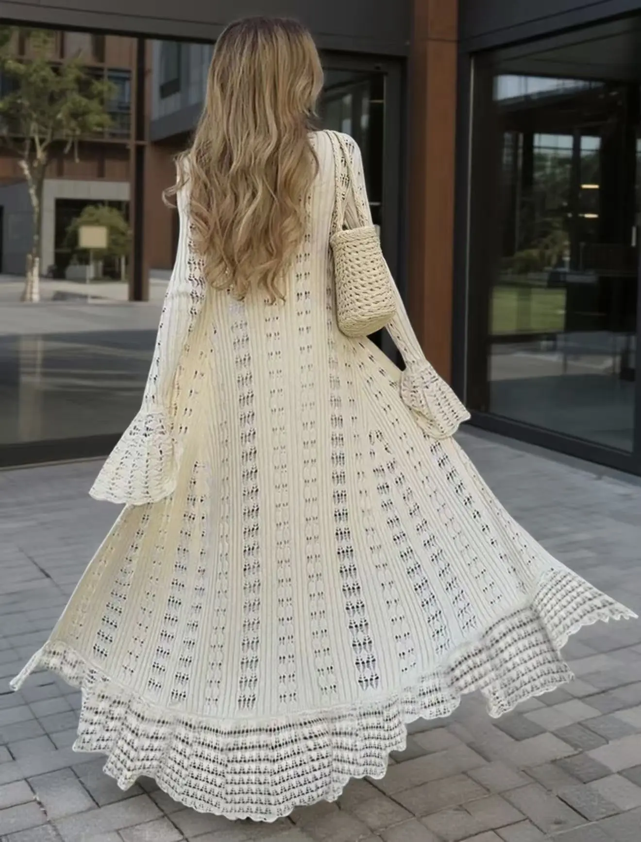 Sweet Dreams. Lady's Long-Sleeve Crochet Casual Wear, Spring SummerSexy V-Neck Flare-Sleeve White Tight Sheer Long Dress,Women's Beach Cover-Up Clothes