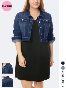 Flvsun-Women's Plus Size Classic Denim Jacket Jean Biker Coat Denim  Casual Long Sleeve Pockets Jackets Coat Fabric Fashion Womenswear Soft button jacket