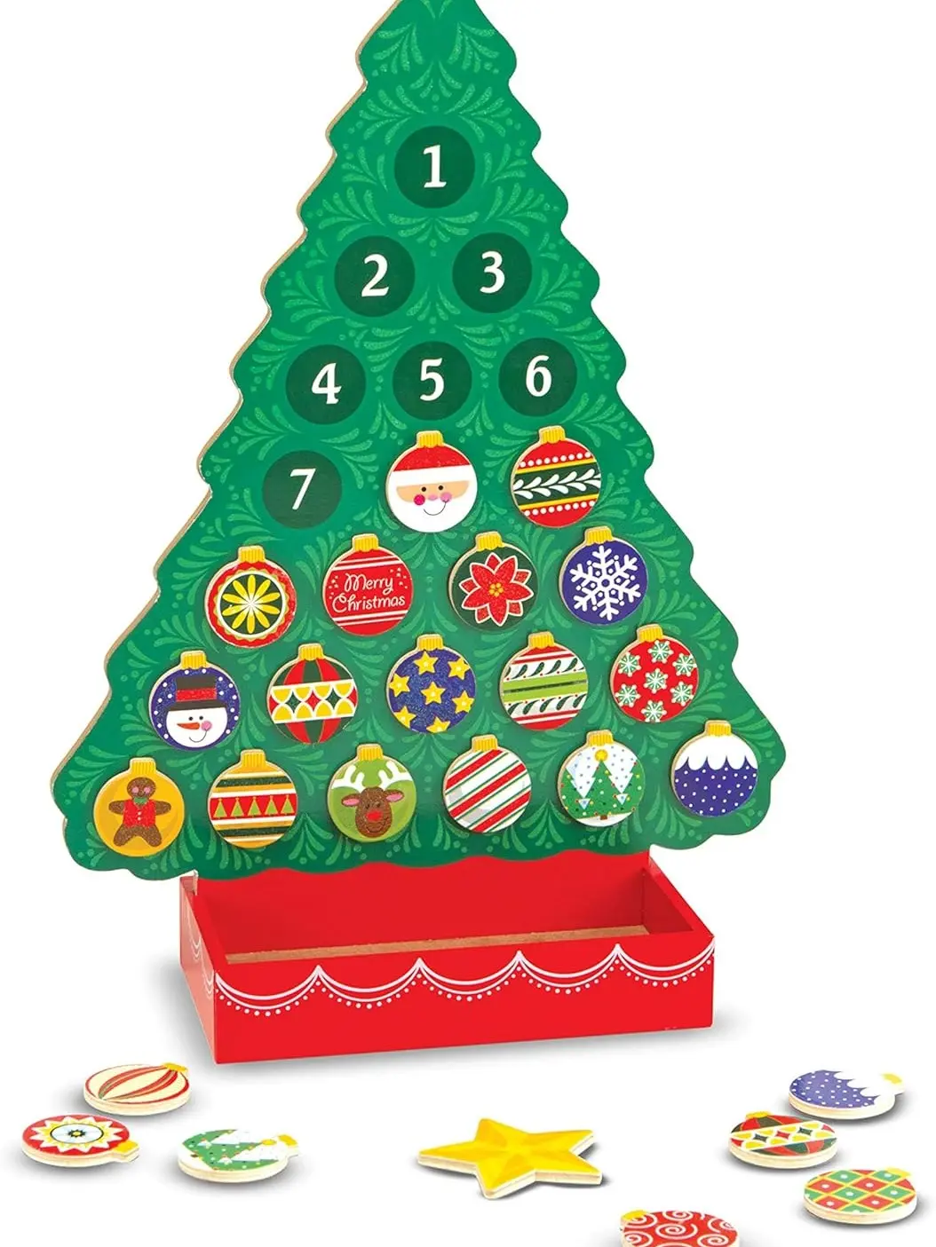 Christmas Wooden Advent Calendar - Magnetic Tree, 25 Magnets , Orange Decoration Ornaments