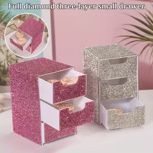 Elegant Three-Tier Jewelry Organizer Box, Style Desktop Storage Container, Full-Diamond Design for Cosmetics & Accessories, Cosmetic Makeup Organizer