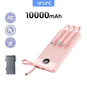 VRURC 10000mAh Portable Power Bank with 4 Built-in Cables Fast Charging 22.5W for All Phones Micro USB Type-C Compatible with iPhone Samsung Android Tablet iPad Earbuds Pink Lanyard Chargeable Charger Smartphone