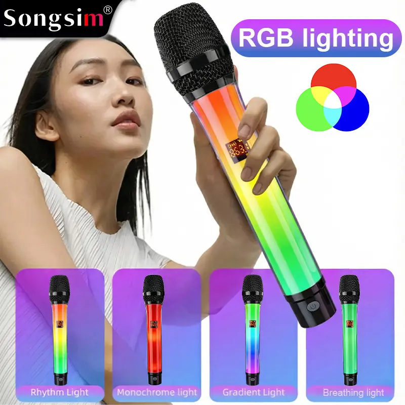 Songsim Dual Wireless RGB Microphone System (2 Handheld Mics + 1 Receiver, 3 Pieces), 4 RGB Lights Modes, 30M+ Transmission, Rechargeable, 6.35mm Plug, Dual Mic Set for Karaoke, Parties