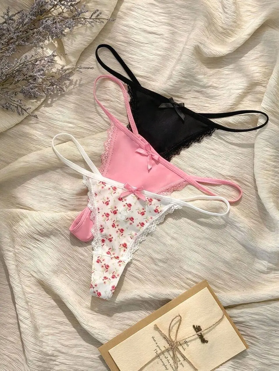 CottageSlumber 3-Pack Women's Bow Lace Trim Thong Panties | Floral Print, Pink & Black String Underwear Set | Cute Coquette Lingerie