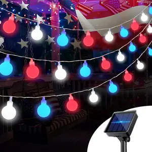 32.8-Foot String of 80 LED Solar，8 modes-Powered Red, Blue, and White Frosted Bulb Lights Outdoor Waterproof Lights for Easter, Mother’s Day, and Independence Day Yard Decor; Ideal for Decorating Walkways, Parties, Camping, Patios, Gatherings, and More