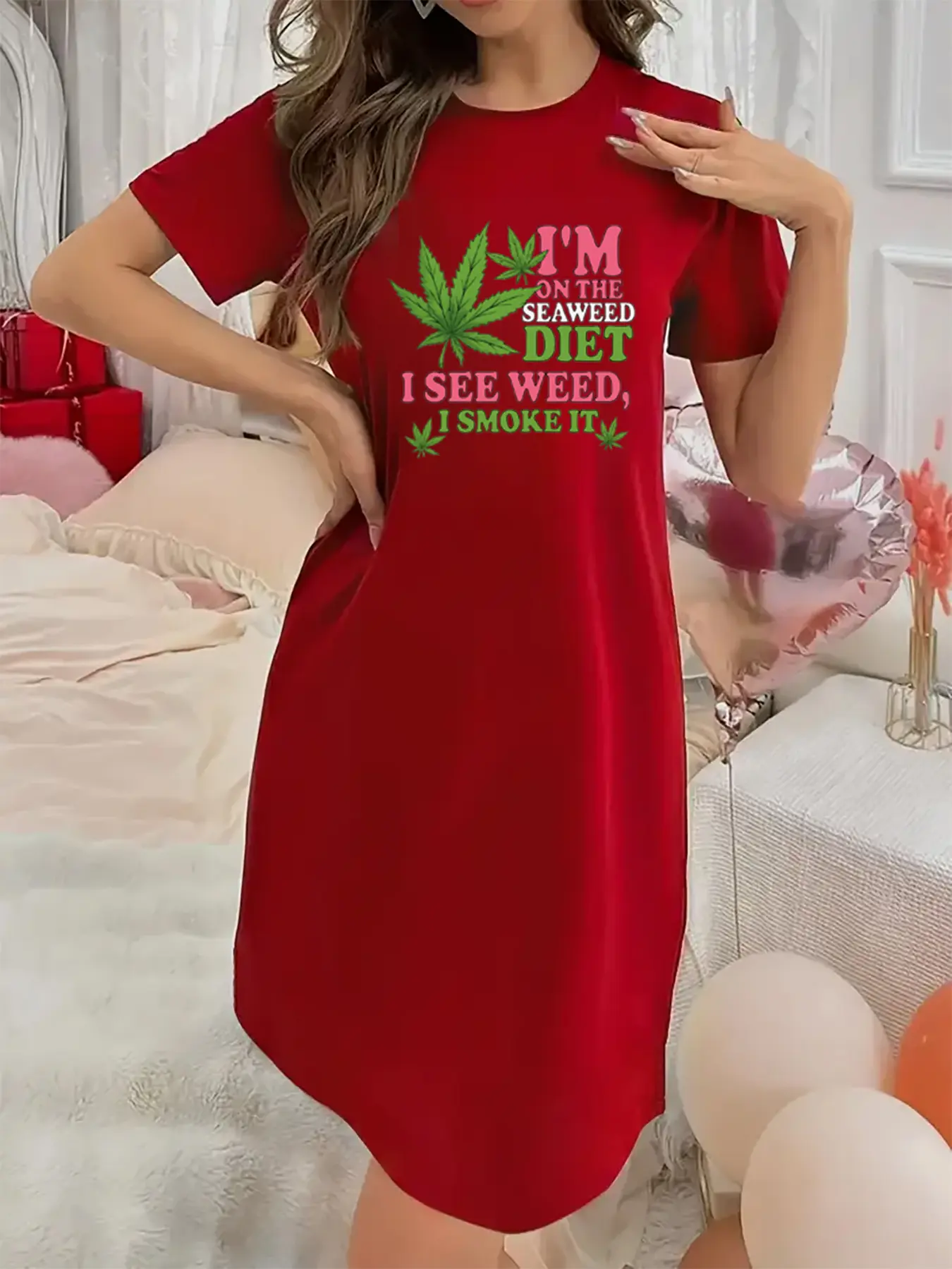 Soft and Slightly Stretchy Women's Underwear I'm on the seaweed diet Pattern Short Sleeve Crew Neck Nightgown, Sexy Elegant Youthful Women's Christmas Dress, Perfect for Halloween, Christmas, and Thanksgiving Gifts