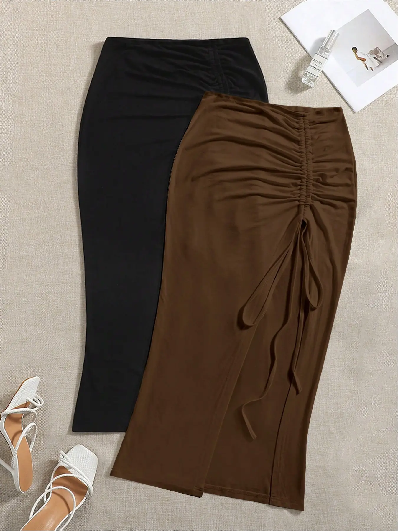 New women's elegant Fit high waist knitted polyester fabric skirt, solid color, micro elastic, spring, summer and autumn long skirt, drawstring side slit, Bottom
