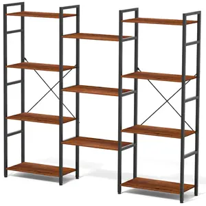 Triple 4 Tier Bookshelf, Tall Book Shelf with 11 Open Display Shelves, Adjustable Industrial Bookcase in Living Room, Bedroom, Wide Metal Bookshelf Book Case for Home & Office, Rustic Brown