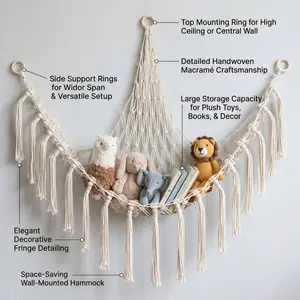 Plush Toy Hammock —Hangable boho stuffed animal corner hanging net; practical cotton organizer for bedroom and nursery decoration ornaments; cotton rope storage net suitable for books and houseplants; plush toy and clothing storage; easter basket for teen