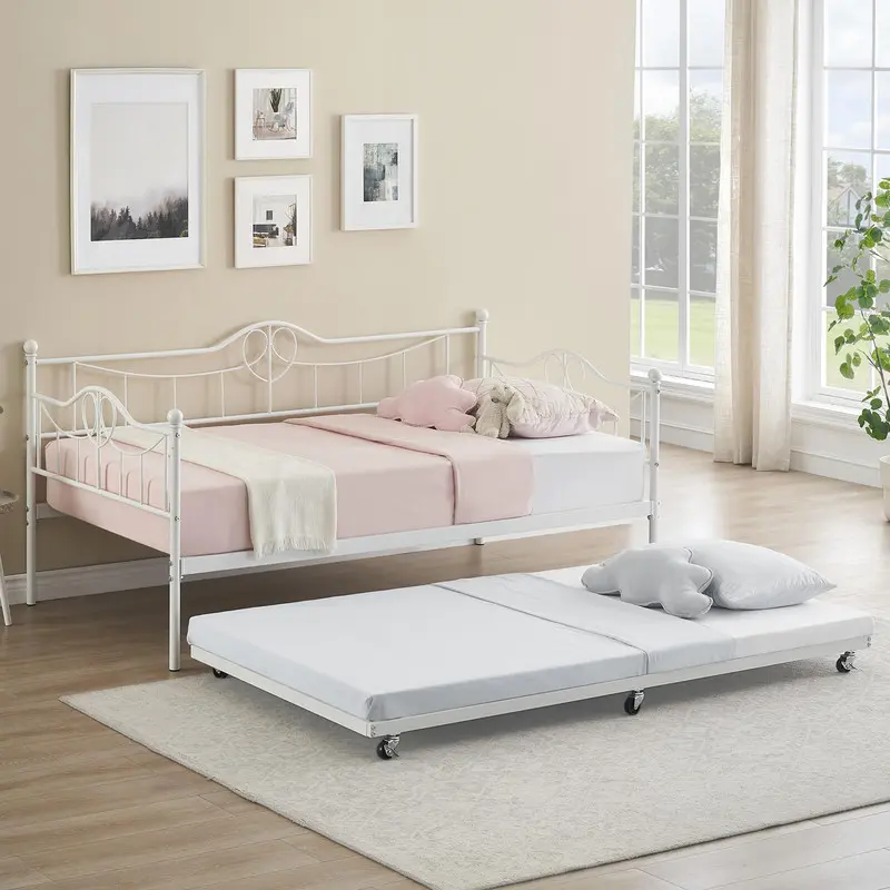 【Christmas Gift】White Twin Daybed with Trundle, Modern Pull Out Day Bed Frame with Vintage Headboard, Metal Daybed with Sturdy Slat Support, for Small Spaces, Kids Room, Living Room, Guest Room
