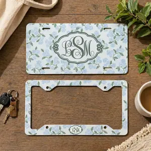Personalized Floral License Plate Frame, Monogram Blue Hydrangea Car Tag, Custom Car Accessories for Women, Birthday Gift