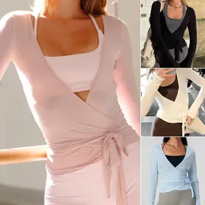 Women’s Cross Wrap Tie Tops, Long Sleeve Deep V Neck Solid Color Fit T-Shirts, Workout Blouses Solid Color Shirts, Ladies Top for Indoor Outdoor Wear, Ladies Top for Daily Wear Outdoorfun CasualjD0t