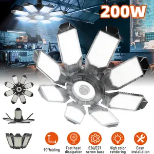 LED Garage Light - 200W Super Bright 6500K Garage Lights Ceiling Led w/ 8+1 Deformable Panels Compatible for E26/E27 Garage Light Socket Applicable for Garage Barn Warehouse Attic