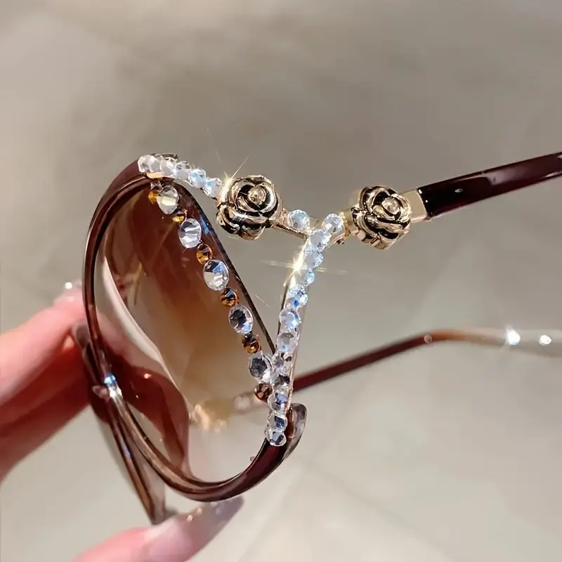 Women's Vintage Retro Full-Rim Oversize Polyamide Frame Camellia Rhinestone Casual Eyeglasses - Anti-Reflective Lenses, Metal Hinges, Festive Party & Daily Home Accessory
