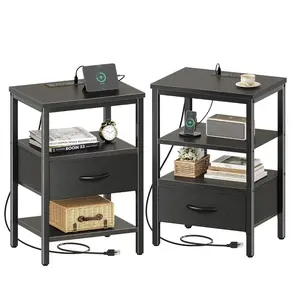 Nightstand Set of 2 with Dual Charging Stations, Adjustable Fabric Drawers & 3-Tier Storage – Bedside Tables for Bedroom, Modern End Tables for Living Room
