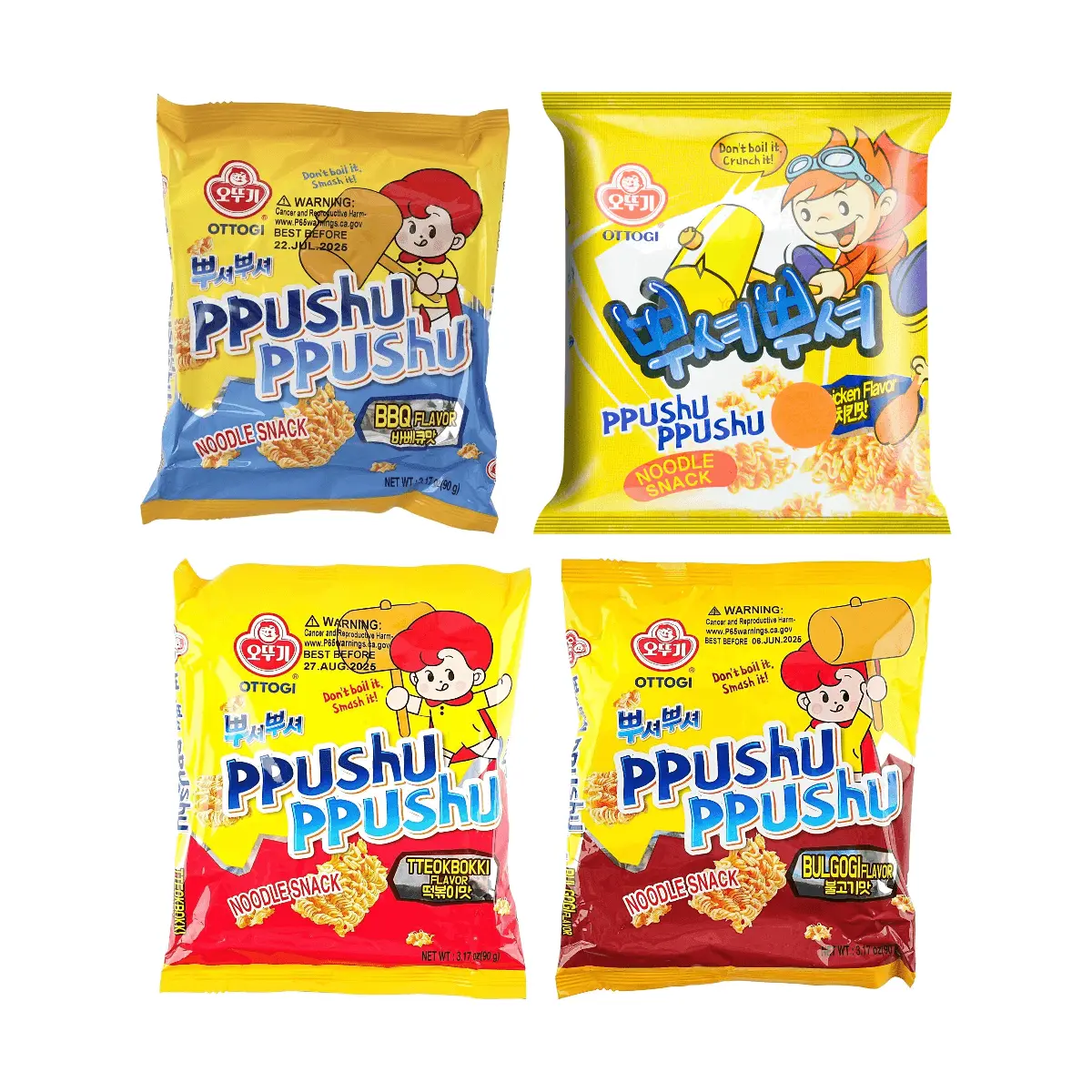 OTTOGI Korean PPUSHU PPUSHU Crispy Snack Noodles 4 Flavors Combo Pack (Korean Fried Chicken, BBQ, Spicy Tteokbokki, Roast Beef) 90g x 4 Bags - TWICE Nayeon Recommended