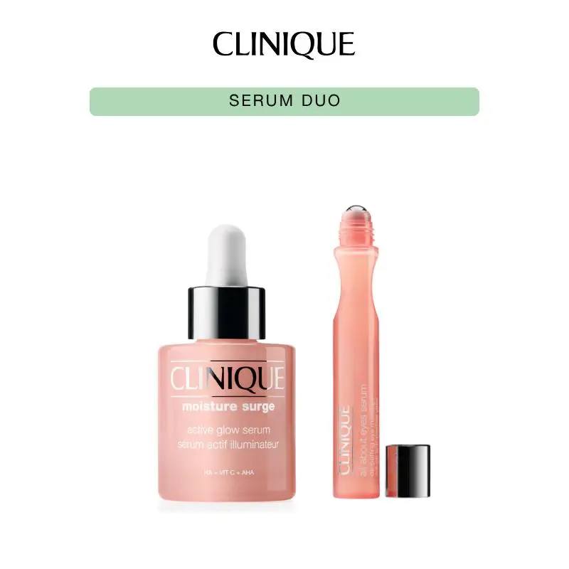 [Clinique] Serum Duo - Active Glow Serum + Eyes Serum | Lactic Acid | Hyaluronic Acid + Vitamin C | Hydrating, Lightweight + Oil Free | Brightening + Depuffing Eye Massager