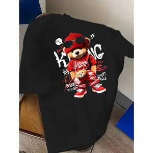 Kids Red Bear Graphic Tee, Summer Casual Crew Neck T-Shirt, 100% Polyester Knit Fabric, Slight Stretch, Regular Fit Top for Boys - Alphabet Pattern