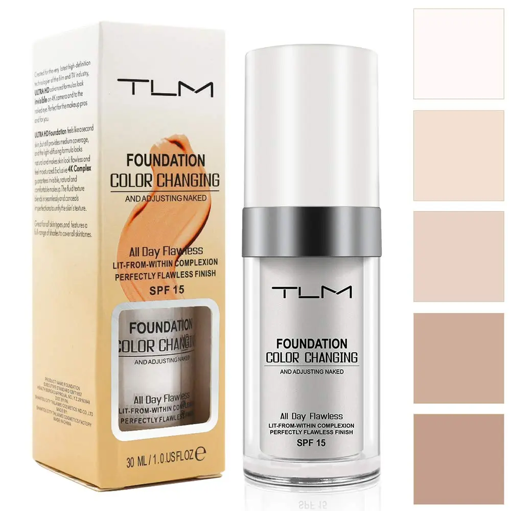 TLM Color Changing Foundation, Flawless Colour Changing Warm Skin Tone Liquid Foundation for Mature Skin, Waterproof Moisturizing Foundation Makeup Base Nude Concealer Full Coverage SPF, 30 ml Cosmetic
