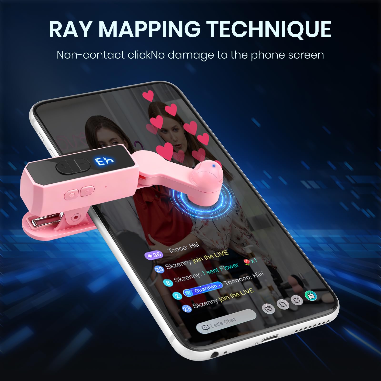 TikTok Smartphone Clicker, compatible with iPhone, iPad, and Android devices, featuring adjustable speed and a rechargeable automatic clicking mechanism—an instant clicker designed specifically for live-stream liking and social media tasks