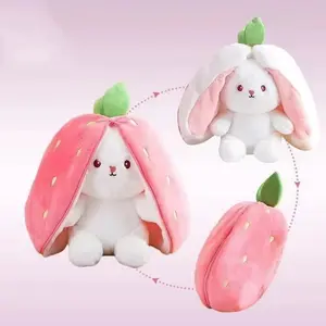 Cute Strawberry Dual-Faced Plush Toy, Zipper Soft Rabbit Pillow 10.2 Inches, Easter Gift for Kids and Adults, Hugging Soft Toy