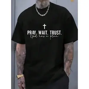 Plus Size Men's Faith T-Shirt - Black With White "Pray Wait Trust God Has A Plan" Verse Print, Breathable Cotton Oversized Casual Tee For Church, Casual Attire & Religious Apparel (Short Sleeve Round Neck)