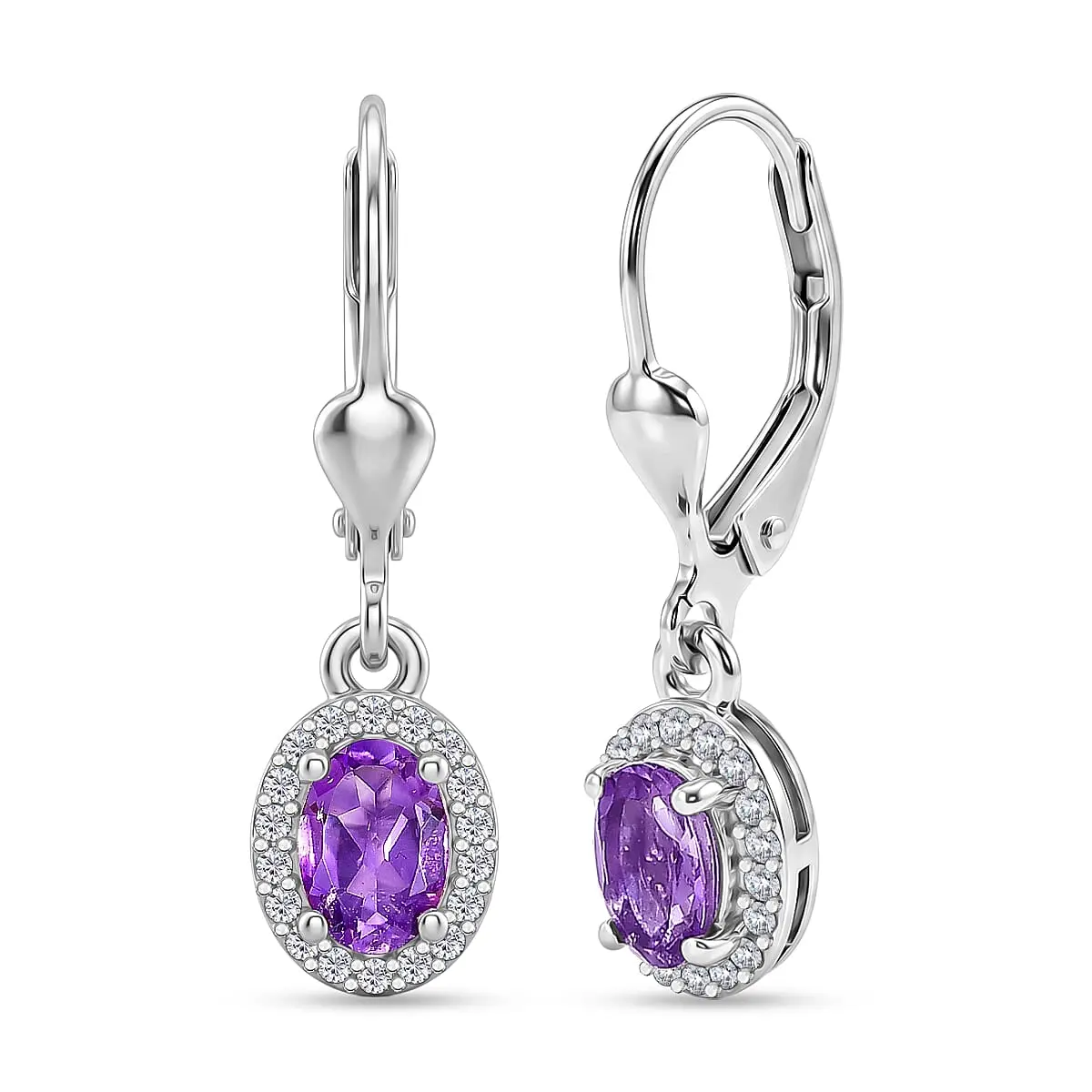 D'Joy AAA Moroccan Amethyst, Moissanite Regal Halo Earrings in Rhodium Over Sterling Silver (Ships in 8-10 Days) 1.00 ctw