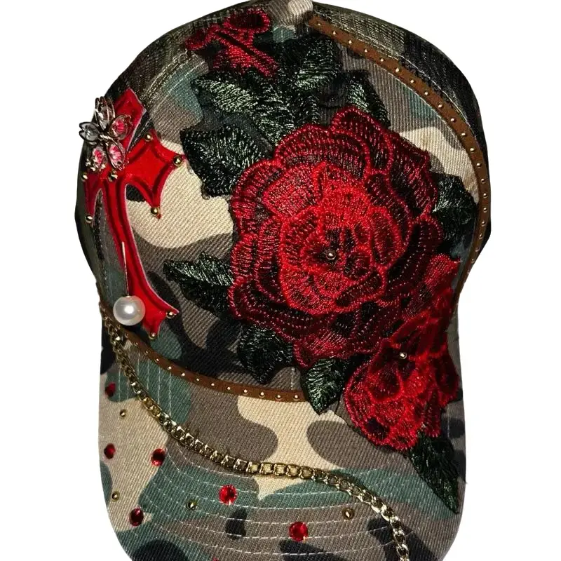 Camo & Roses Embroidered Hat with Red Rose design and Gold Chain Detail