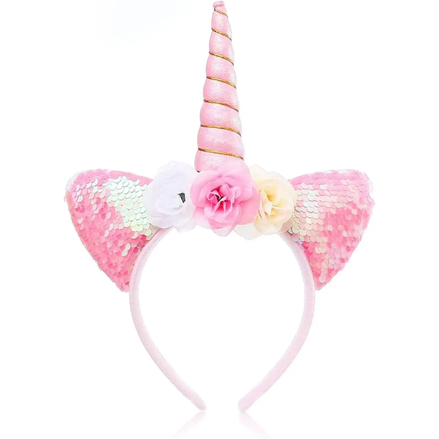 Girls' Sparkling Flower Sequin Unicorn Horn Headband - Lightweight, Adjustable One-Size Sequin Unicorn Hair Accessory with Durable Fake Flowers for Birthday, Bridal Showers