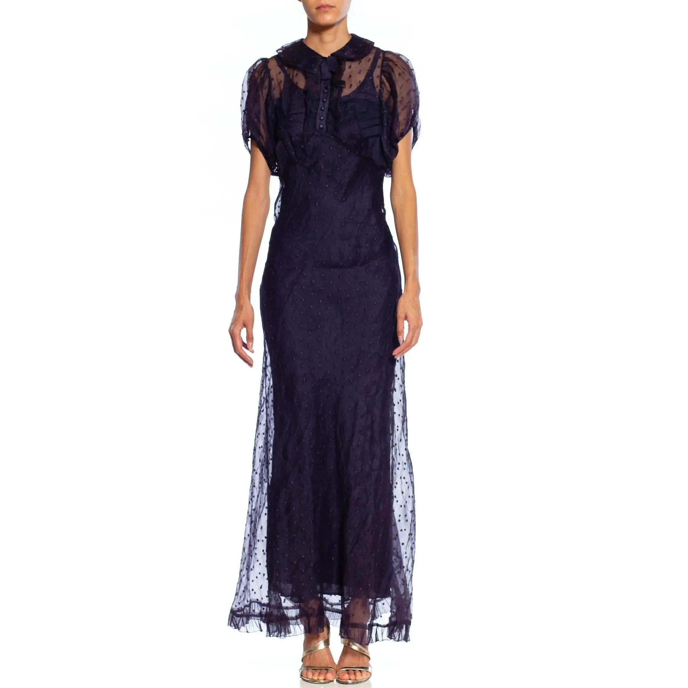 1930S Navy Blue Bias Cut Cotton Swiss Dot Organdy Puff Sleeve Dress With Rayon Slip