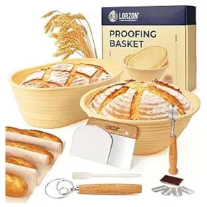 Silicone Banneton Bread Proofing Baskets Set of 2, 9" Round & 10" Oval Foldable Sourdough Proofing Baskets with Sourdough Bread Baking Supplies, Complete Bread Making Kit
