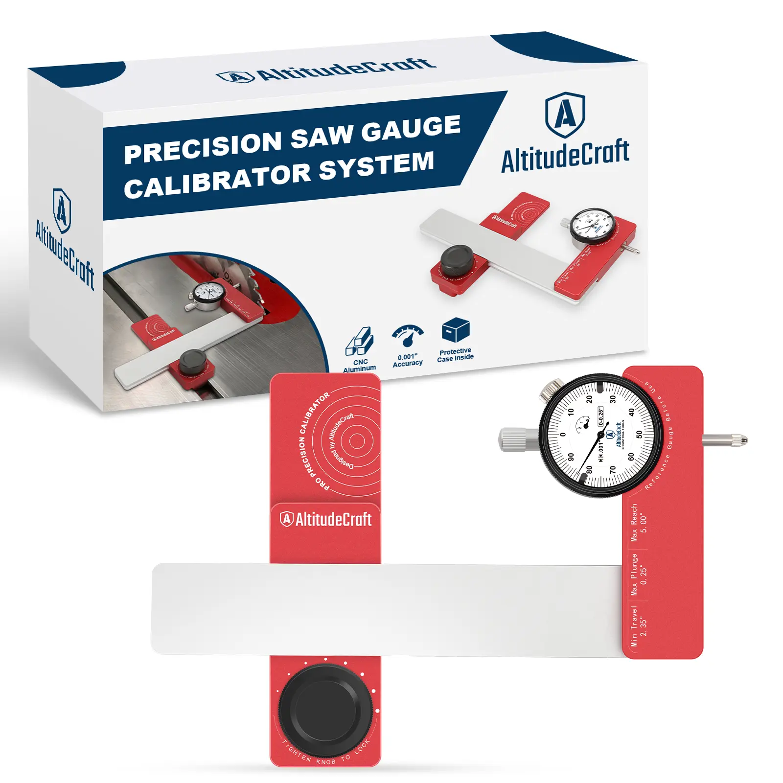 AltitudeCraft Precision Table Saw Alignment Gauge, CNC‑machined calibration tool with 0.001" dial indicator. Fits 3/4" miter slots for sleds, fences and jigs. Ideal for cabinetmakers, DIY woodworkers and pros to ensure straight, accurate cuts