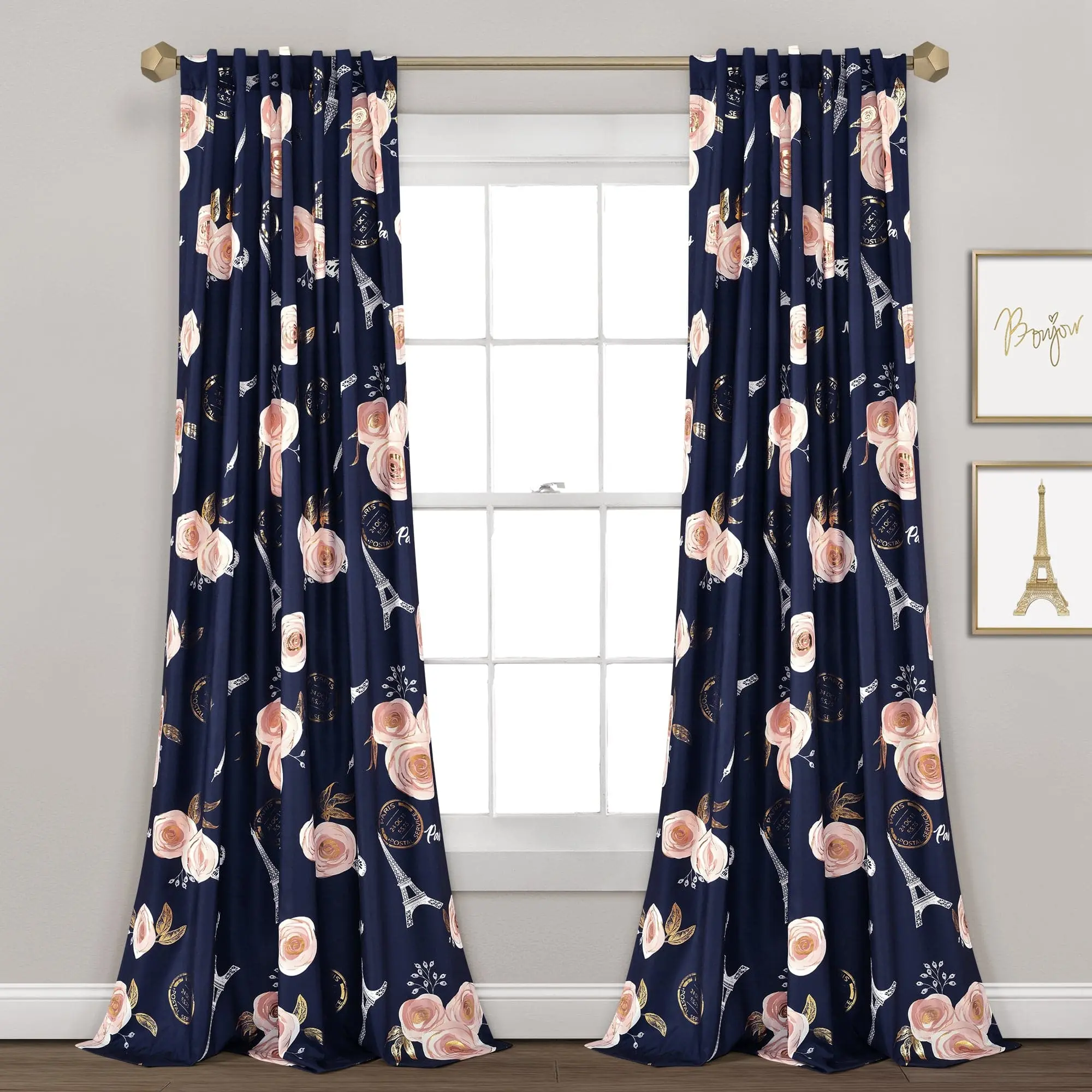 Lush Decor French Vintage Paris Rose Butterfly Script Home Decoration Curtain Panel Set, 2 Panels (84"L x 52"W), Floral Printed 100% Polyester Back Tab Rod Pocket Privacy Bedroom Decor Curtain, Machine Washable, 84X52"