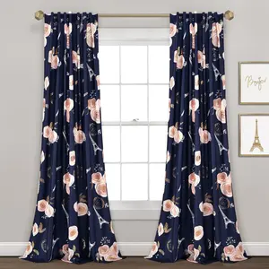 Lush Decor Vintage Paris Rose Butterfly Script Window Curtain Panel Set 2 Panels 84"L x 52"W Floral Printed 100% Polyester Back Tab Rod Pocket Machine Washable