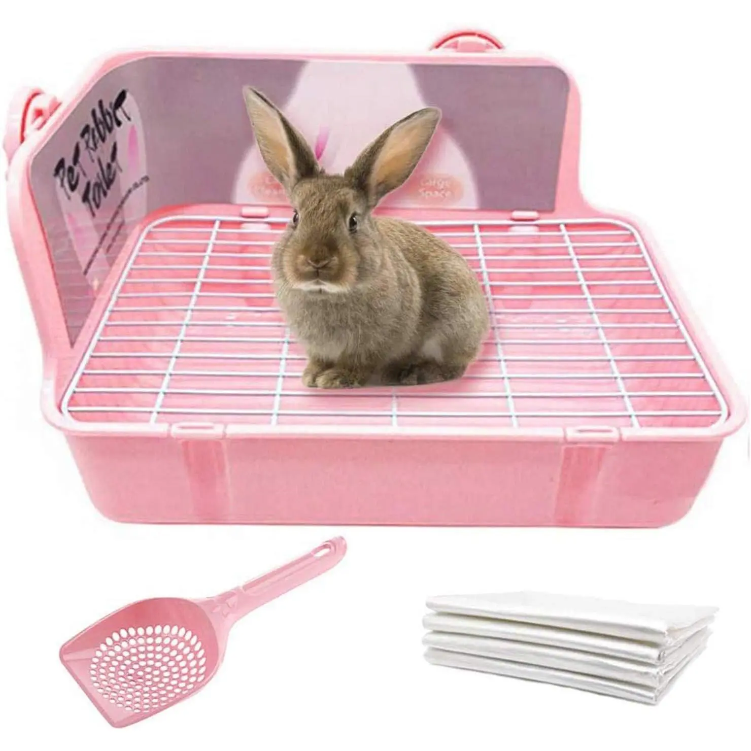 Bunny Litter Box - 1x Corner Animal Litter Tray with Removable Grid, Scoop & 50x Disposable Liners, PP Plastic Durable Pet Toilet with Hanging Double Buckles (28x19x16 cm) for Guinea Pigs