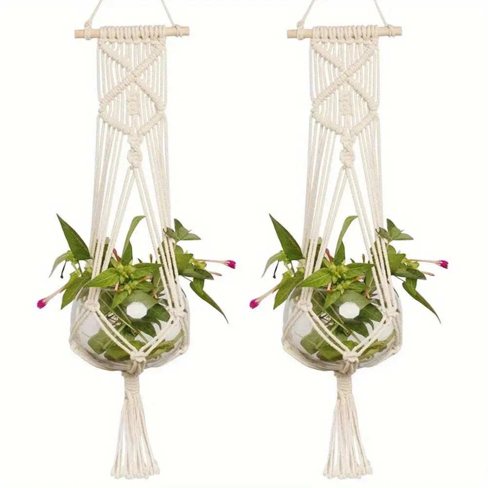 2pcs 27.56in Bohemian Cotton Rope Hanging Plant Hanger - Hanging Plant Basket, Flower Planters Holder for Home, Patio Decorations, Decorative Garden Planter, Swinging Planter