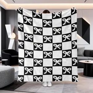 Black and White Buryeah Bow Flannel Throw Blanket Preppy Cute Reversible Cozy Soft Lightweight Plush Gift for Couch Sofa Bed Travel