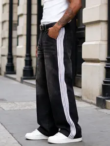Men's Loose Fit Hip Hop Slouchy Jeans, Patchwork Striped Washed Denim Jeans, Casual Streetwear Long Trousers, All Seasons Versatile Clothing