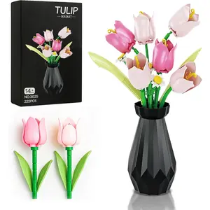 Tulip Flower Bouquet Building blocks Set for Adults, with Vase – Botanical Home & Office Decor, Great Gift for Her and Him