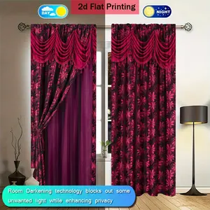 2 pieces of red European retro pattern printed curtains, suitable for home and office decoration - multifunctional, filter, Privacy, pole bag hanging, hand washable or machine washable