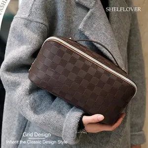 Women Cosmetic Bag PU Leather Makeup Case Large Capacity Travel Toiletry Organizer Waterproof Portable Wash Bag with Zipper Plaid Design for Daily Use(Sheets)