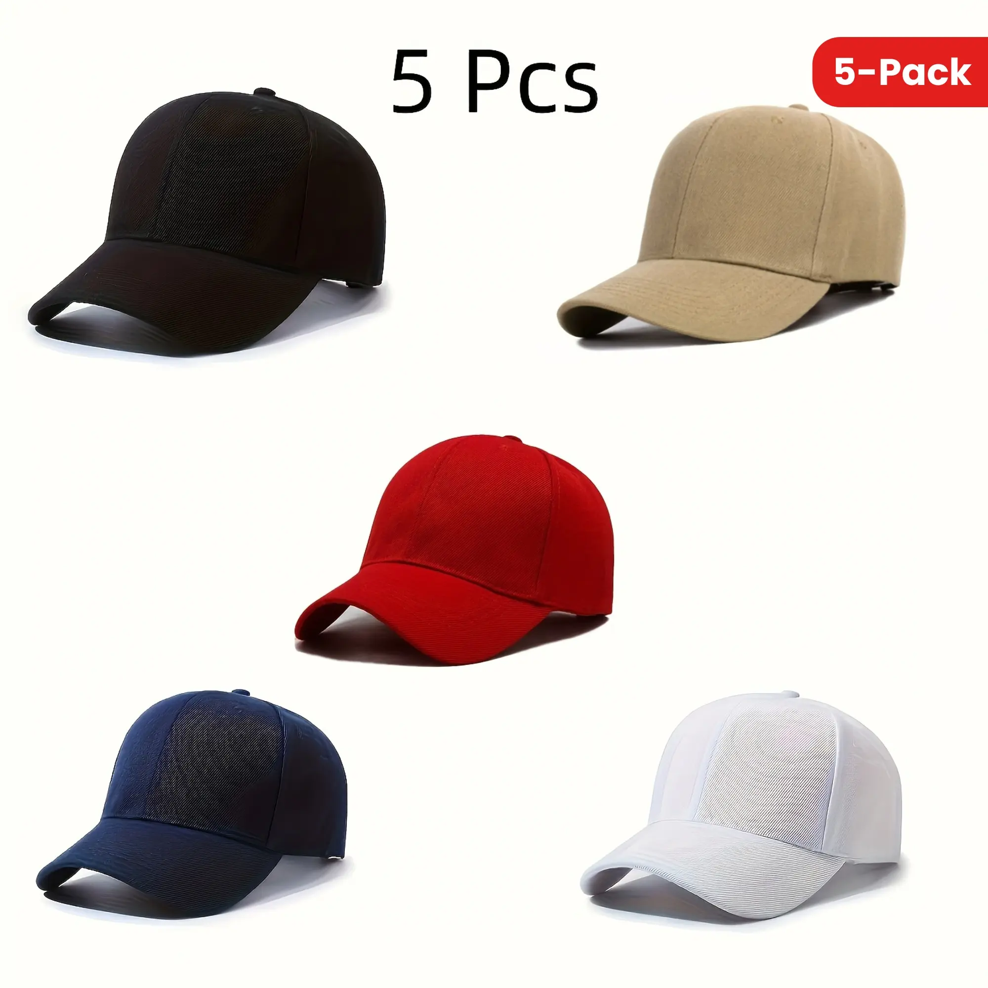 5-Pack Unisex Adjustable Baseball Caps 100% Cotton Non-Stretch All-Season Sports Sun Hats Snapback Fit Durable Classic Design with 6 Eyelets for Ventilation