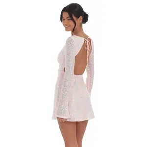 Lucy In The Sky Sequin Long Sleeve Open Back Dress in Pink