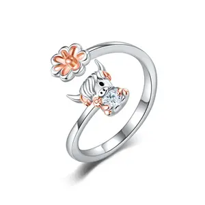 S925 sterling silver women's alpine cow open ring suitable for sizes 6-9, perfect for any holiday gift