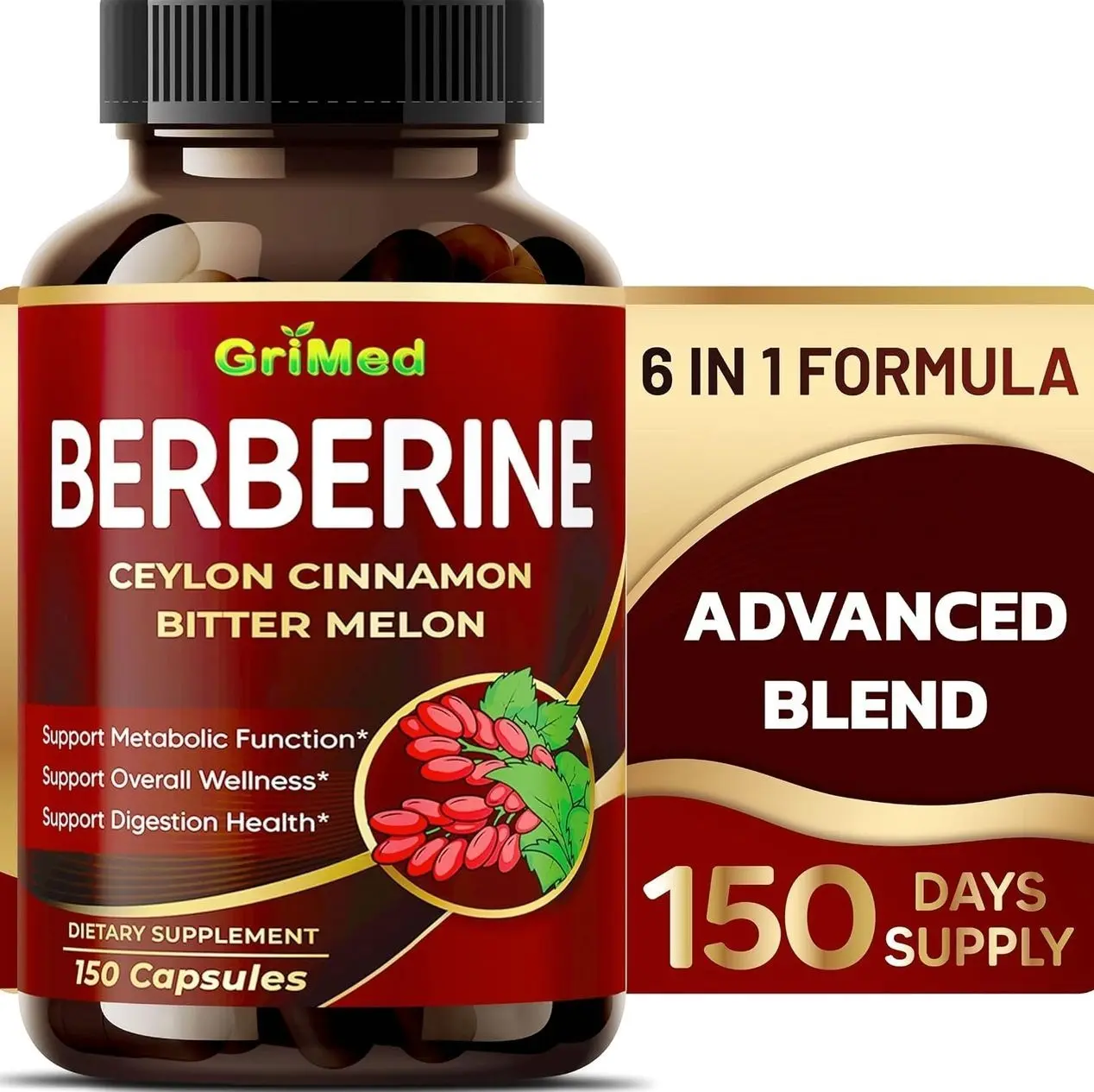 Berberine Supplement 9,500mg with Ceylon Cinnamon Bitter Melon Supports Healthy Immune System